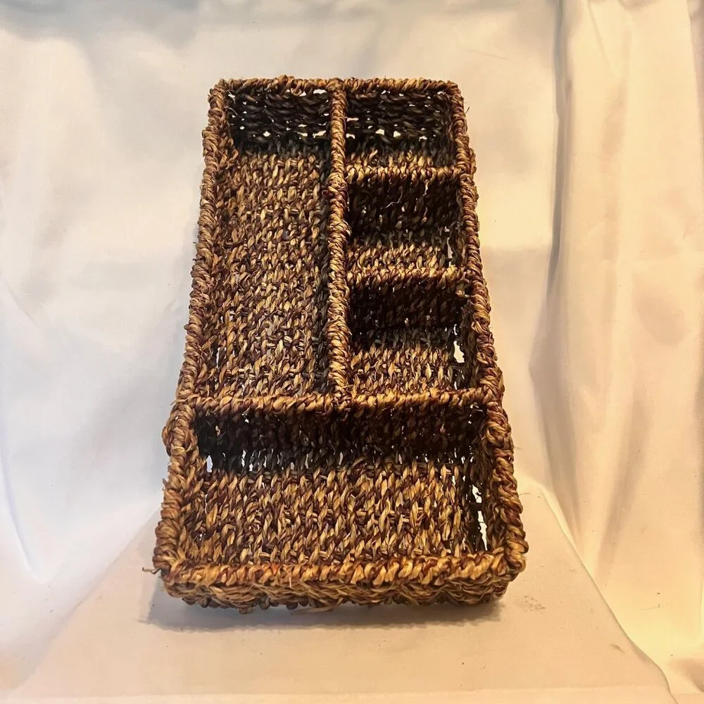 Vintage Seagrass Tray W/Compartments-Woven Basket-14